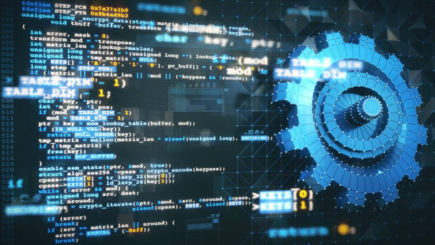 virtual reality computer design and development concept with c/c++ programming language code, computer data and a blue 3d mesh gear model blueprint. - 系統(tǒng)軟件開發(fā) 個(gè)照片及圖片檔