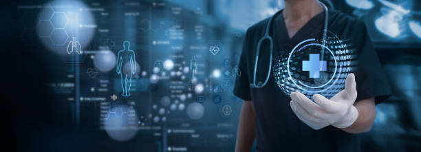 medical technology. doctor holding health icon with dna, electronic medical record. digital healthcare and research with global network connection on hologram virtual screen, insurance, digital health technology - 醫(yī)療 個照片及圖片檔