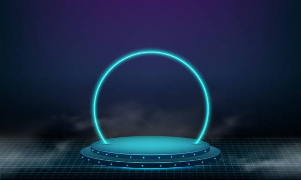 abstract technology cylinder pedestal podium. sci-fi dark empty room concept with circle glowing neon lighting. product display presentation. futuristic wall scene. - 平臺門戶 幅插畫檔、美工圖案、卡通及圖標